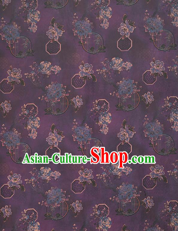 China Traditional Peony Pattern Deep Purple Silk Fabric Classical Cheongsam Gambiered Guangdong Gauze Drapery
