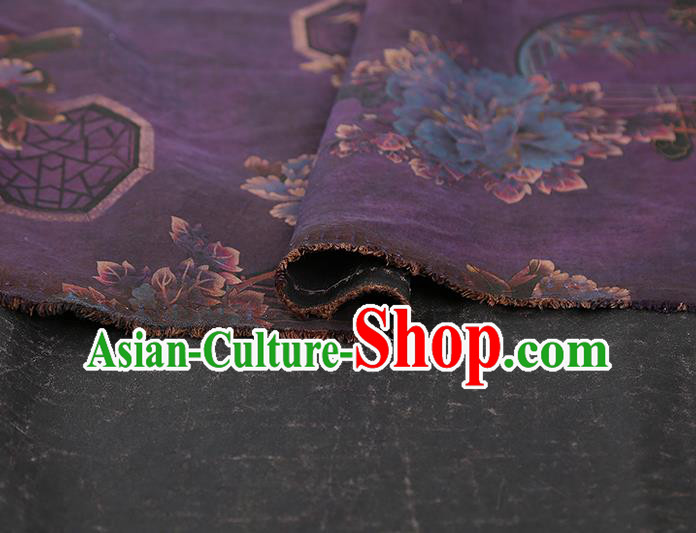 China Traditional Peony Pattern Deep Purple Silk Fabric Classical Cheongsam Gambiered Guangdong Gauze Drapery