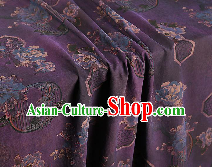 China Traditional Peony Pattern Deep Purple Silk Fabric Classical Cheongsam Gambiered Guangdong Gauze Drapery