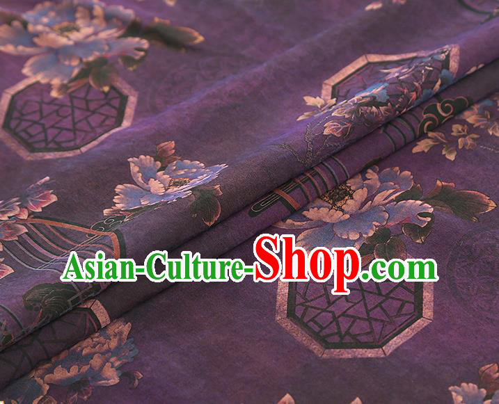China Traditional Peony Pattern Deep Purple Silk Fabric Classical Cheongsam Gambiered Guangdong Gauze Drapery