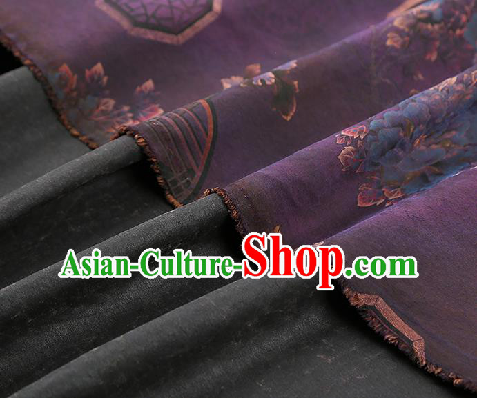 China Traditional Peony Pattern Deep Purple Silk Fabric Classical Cheongsam Gambiered Guangdong Gauze Drapery