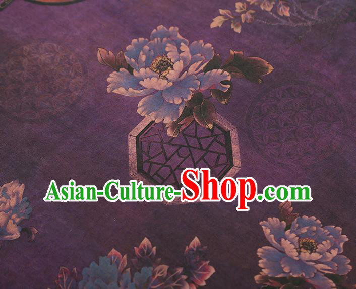 China Traditional Peony Pattern Deep Purple Silk Fabric Classical Cheongsam Gambiered Guangdong Gauze Drapery
