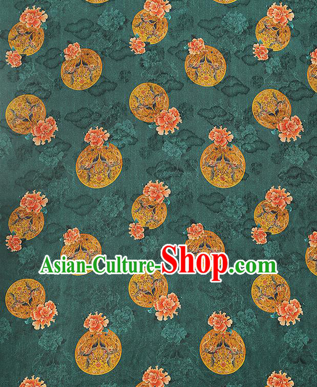 China Classical Gambiered Guangdong Gauze Drapery Traditional Cheongsam Peony Pattern Deep Green Silk Fabric