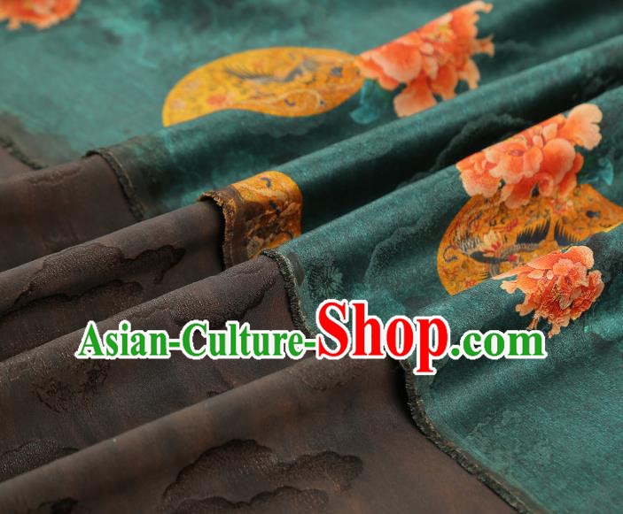 China Classical Gambiered Guangdong Gauze Drapery Traditional Cheongsam Peony Pattern Deep Green Silk Fabric