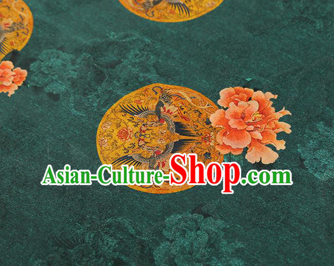 China Classical Gambiered Guangdong Gauze Drapery Traditional Cheongsam Peony Pattern Deep Green Silk Fabric
