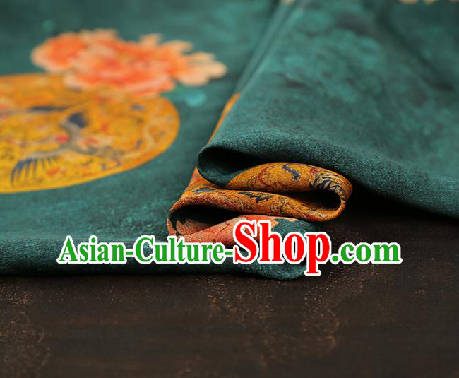 China Classical Gambiered Guangdong Gauze Drapery Traditional Cheongsam Peony Pattern Deep Green Silk Fabric