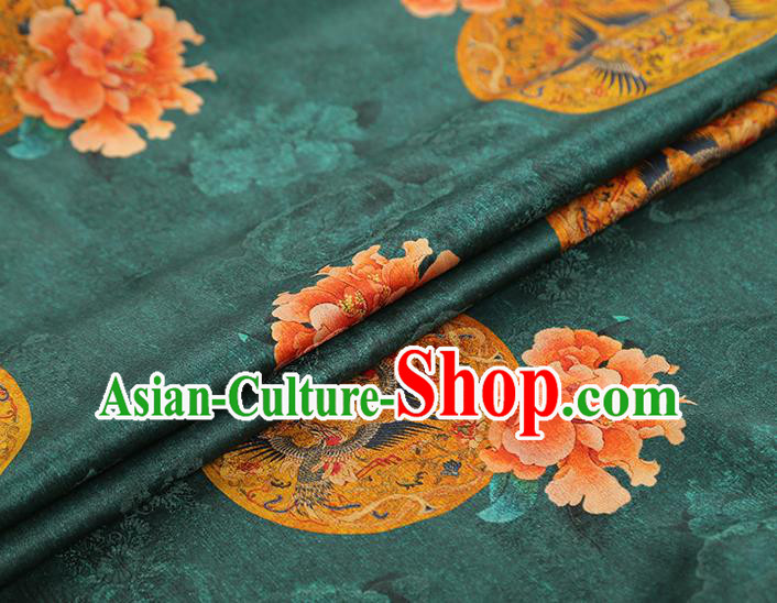 China Classical Gambiered Guangdong Gauze Drapery Traditional Cheongsam Peony Pattern Deep Green Silk Fabric