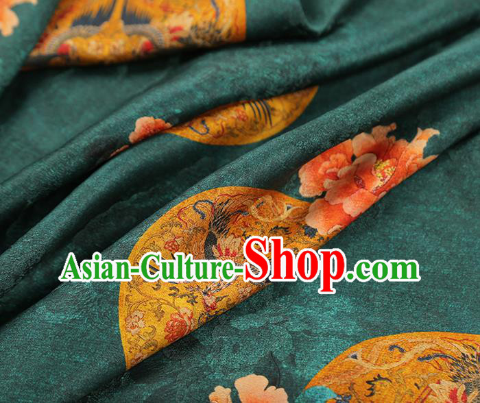 China Classical Gambiered Guangdong Gauze Drapery Traditional Cheongsam Peony Pattern Deep Green Silk Fabric