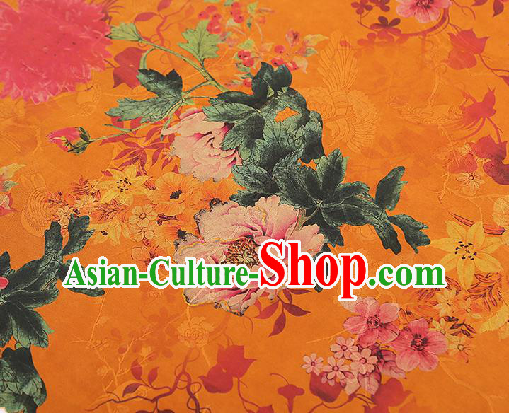 China Classical Orange Gambiered Guangdong Gauze Drapery Traditional Cheongsam Peony Pattern Brocade Fabric