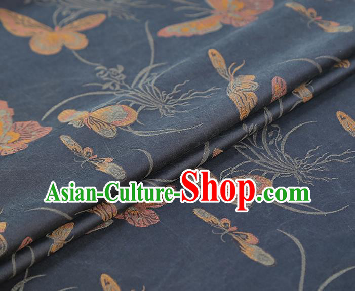 China Traditional Cheongsam Butterfly Orchids Pattern Brocade Fabric Classical Navy Gambiered Guangdong Gauze Drapery