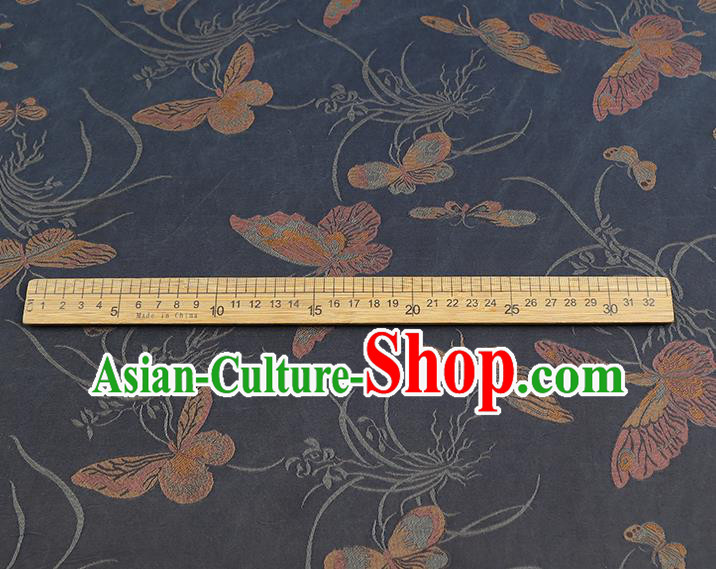 China Traditional Cheongsam Butterfly Orchids Pattern Brocade Fabric Classical Navy Gambiered Guangdong Gauze Drapery