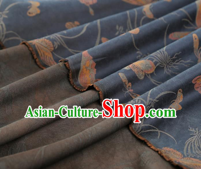 China Traditional Cheongsam Butterfly Orchids Pattern Brocade Fabric Classical Navy Gambiered Guangdong Gauze Drapery
