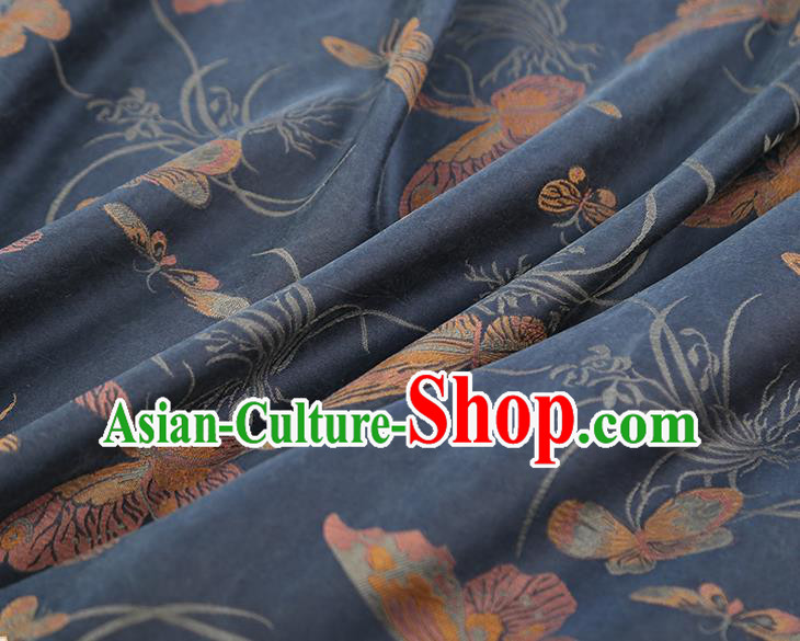 China Traditional Cheongsam Butterfly Orchids Pattern Brocade Fabric Classical Navy Gambiered Guangdong Gauze Drapery