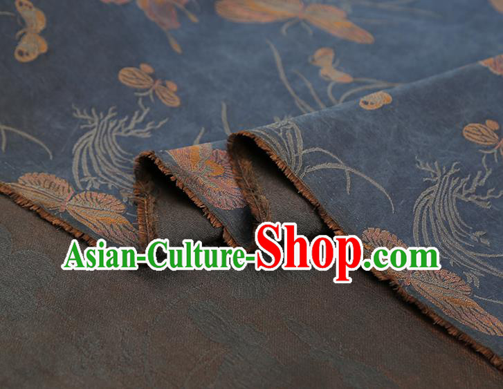 China Traditional Cheongsam Butterfly Orchids Pattern Brocade Fabric Classical Navy Gambiered Guangdong Gauze Drapery