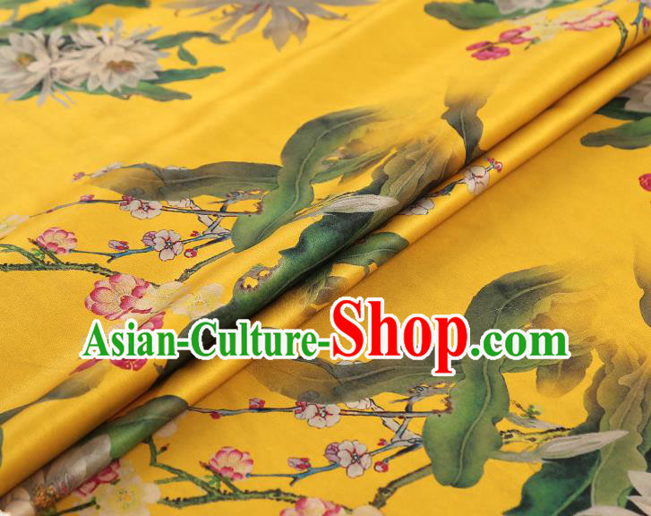 China Traditional Epiphyllum Plum Pattern Yellow Gambiered Guangdong Gauze Classical Cheongsam Silk Fabric