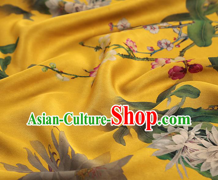 China Traditional Epiphyllum Plum Pattern Yellow Gambiered Guangdong Gauze Classical Cheongsam Silk Fabric