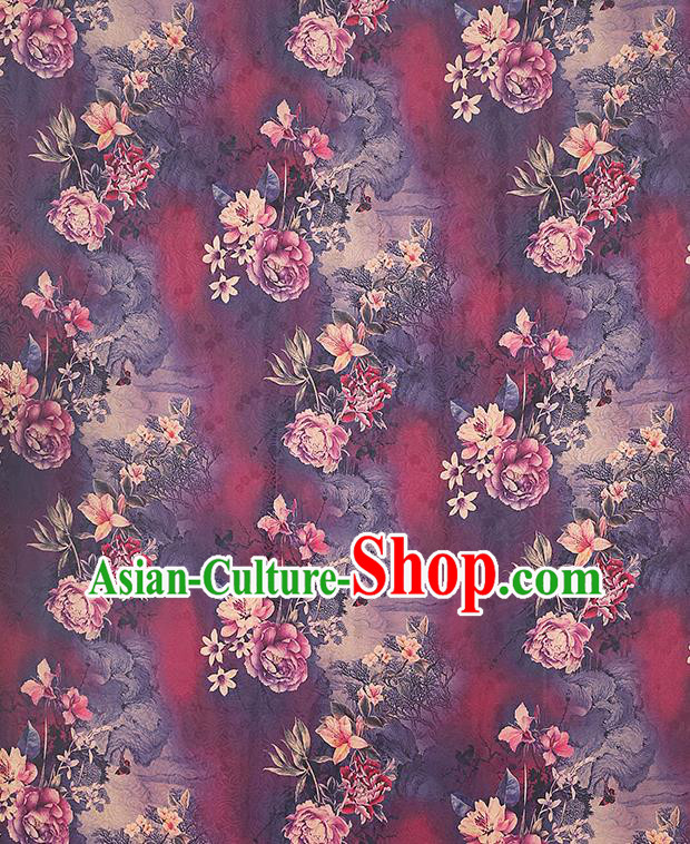 China Traditional Flowers Pattern Brocade Classical Cheongsam Silk Fabric Purple Gambiered Guangdong Gauze
