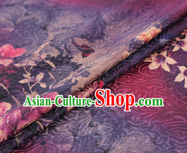 China Traditional Flowers Pattern Brocade Classical Cheongsam Silk Fabric Purple Gambiered Guangdong Gauze