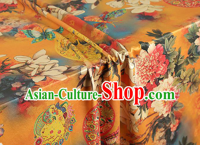 China Classical Cheongsam Orange Silk Fabric Gambiered Guangdong Gauze Traditional Mangnolia Pattern Brocade