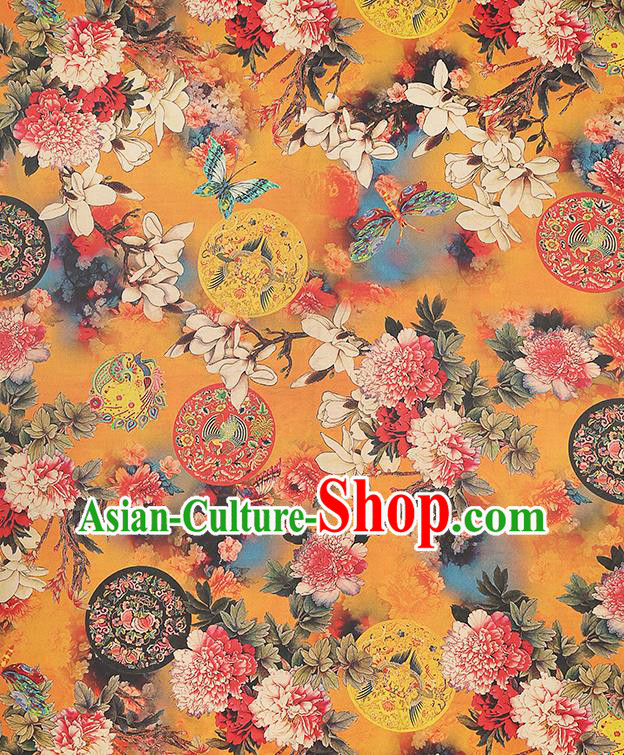 China Classical Cheongsam Orange Silk Fabric Gambiered Guangdong Gauze Traditional Mangnolia Pattern Brocade