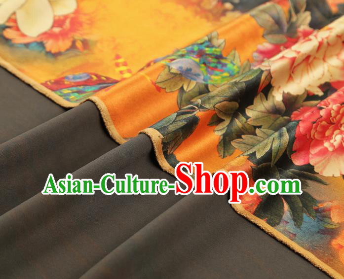 China Classical Cheongsam Orange Silk Fabric Gambiered Guangdong Gauze Traditional Mangnolia Pattern Brocade