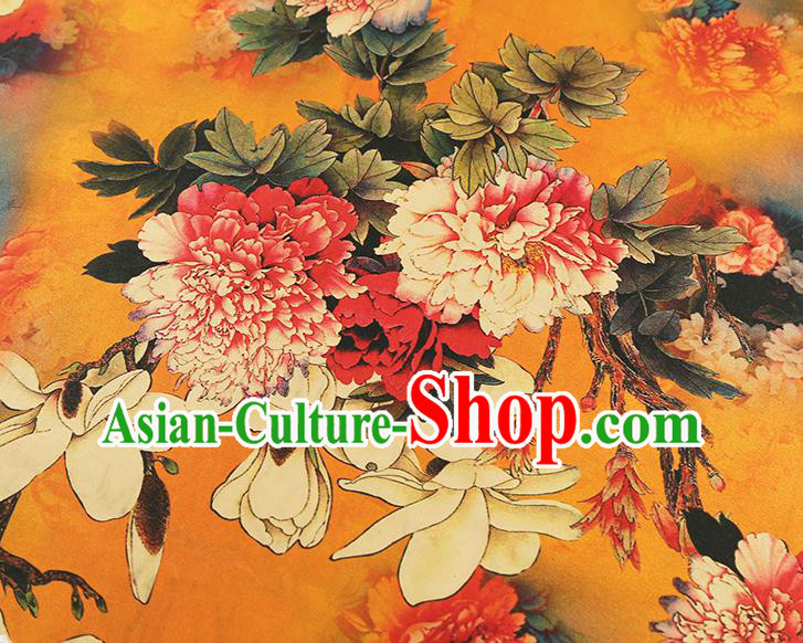 China Classical Cheongsam Orange Silk Fabric Gambiered Guangdong Gauze Traditional Mangnolia Pattern Brocade