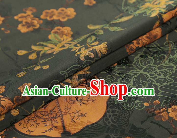 China Traditional Atrovirens Gambiered Guangdong Gauze Drapery Classical Plum Fan Pattern Cheongsam Silk Fabric