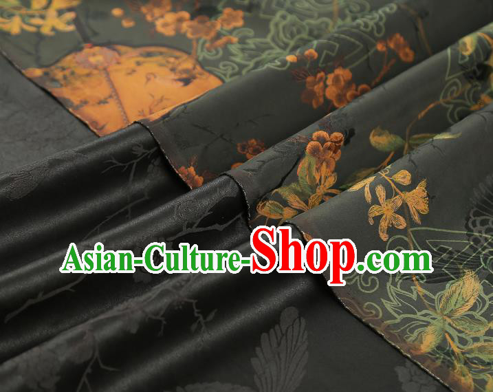 China Traditional Atrovirens Gambiered Guangdong Gauze Drapery Classical Plum Fan Pattern Cheongsam Silk Fabric