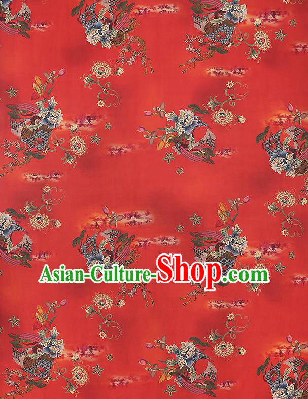 China Gambiered Guangdong Gauze Traditional Red Brocade Classical Flowers Pattern Wedding Dress Silk Fabric