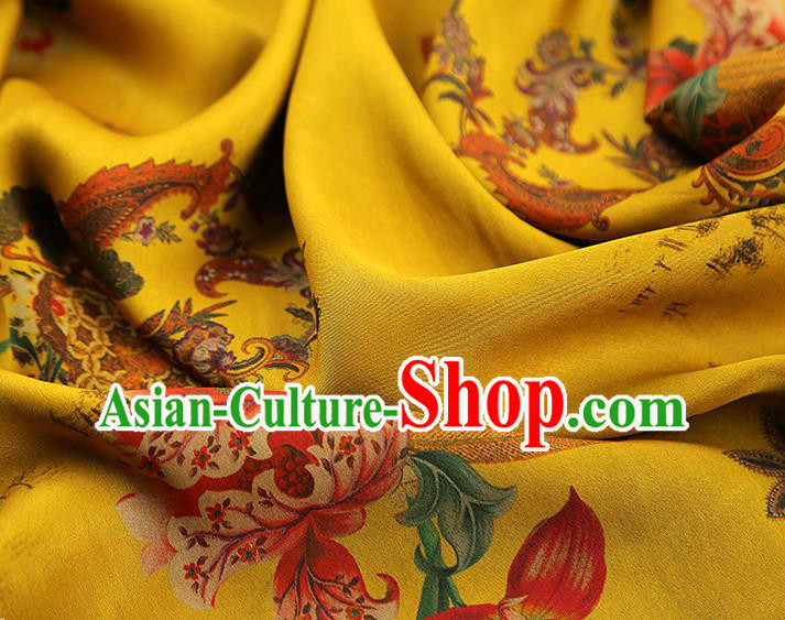 China Traditional Yellow Brocade Classical Flowers Pattern Wedding Dress Silk Fabric Gambiered Guangdong Gauze