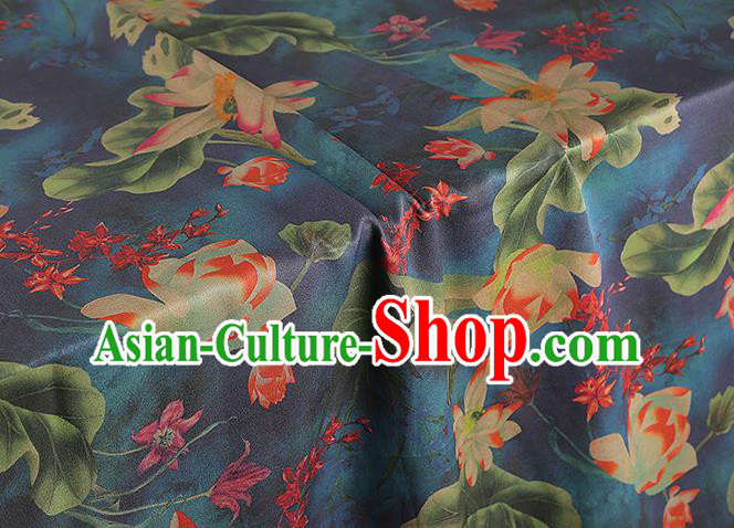 China Classical Lotus Pattern Silk Fabric Traditional Cheongsam Navy Gambiered Guangdong Gauze
