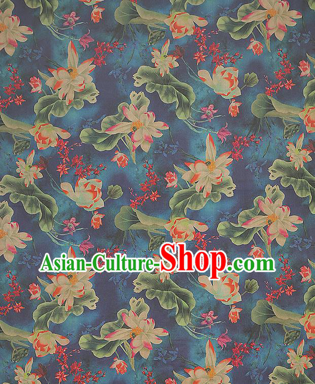 China Classical Lotus Pattern Silk Fabric Traditional Cheongsam Navy Gambiered Guangdong Gauze
