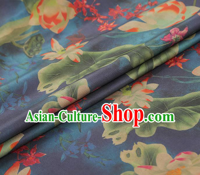China Classical Lotus Pattern Silk Fabric Traditional Cheongsam Navy Gambiered Guangdong Gauze