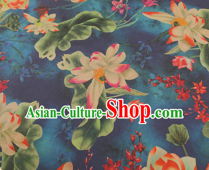 China Classical Lotus Pattern Silk Fabric Traditional Cheongsam Navy Gambiered Guangdong Gauze
