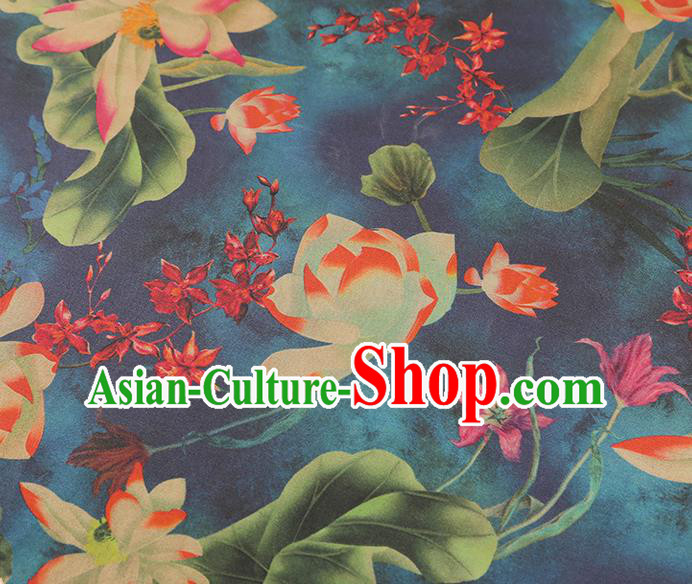China Classical Lotus Pattern Silk Fabric Traditional Cheongsam Navy Gambiered Guangdong Gauze