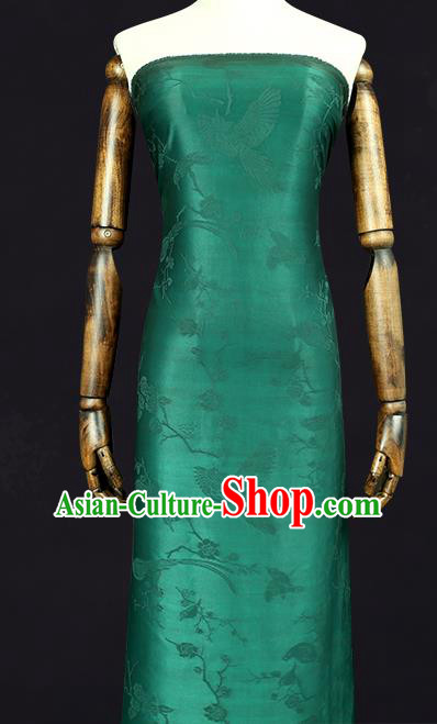 China Traditional Cheongsam Jacquard Gambiered Guangdong Gauze Classical Magpie Plum Pattern Green Silk Fabric