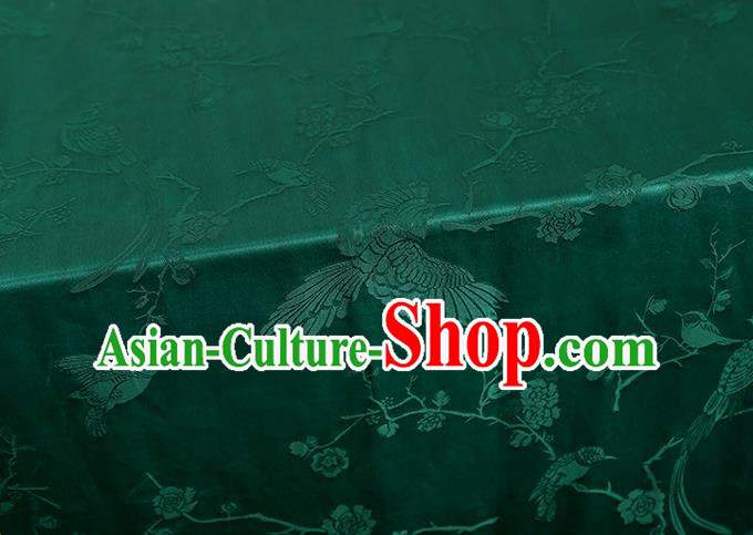 China Traditional Cheongsam Jacquard Gambiered Guangdong Gauze Classical Magpie Plum Pattern Green Silk Fabric
