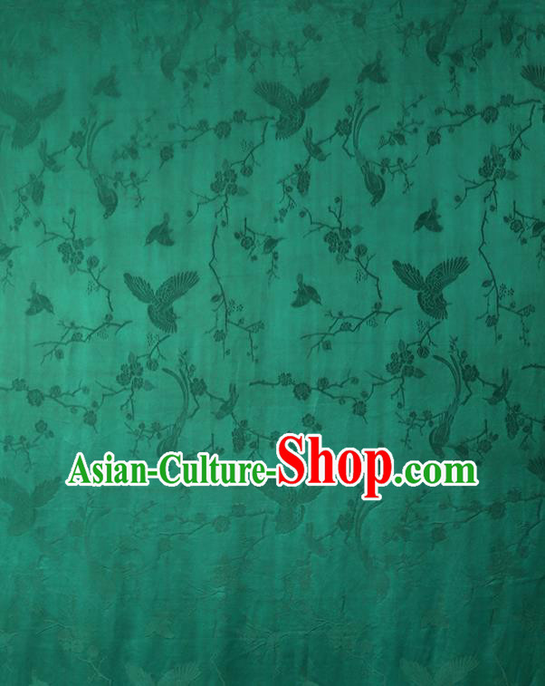 China Traditional Cheongsam Jacquard Gambiered Guangdong Gauze Classical Magpie Plum Pattern Green Silk Fabric