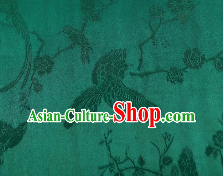 China Traditional Cheongsam Jacquard Gambiered Guangdong Gauze Classical Magpie Plum Pattern Green Silk Fabric