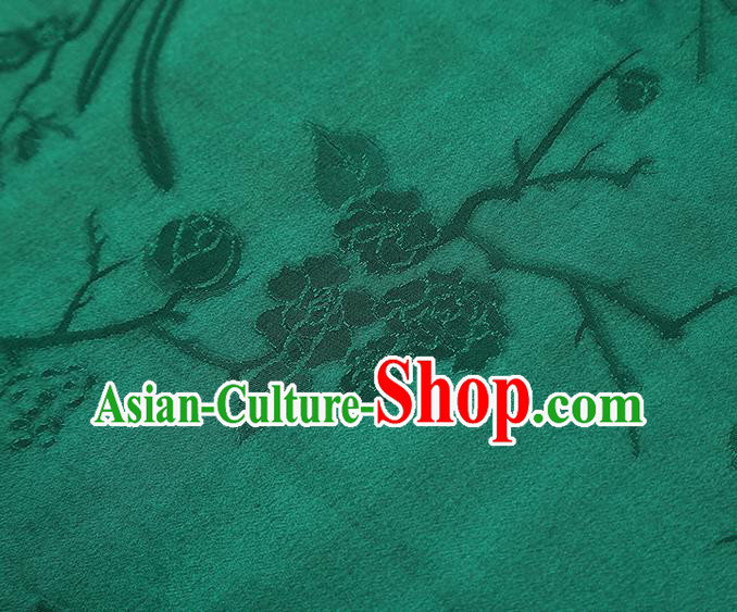 China Traditional Cheongsam Jacquard Gambiered Guangdong Gauze Classical Magpie Plum Pattern Green Silk Fabric