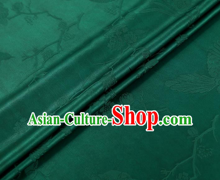 China Traditional Cheongsam Jacquard Gambiered Guangdong Gauze Classical Magpie Plum Pattern Green Silk Fabric