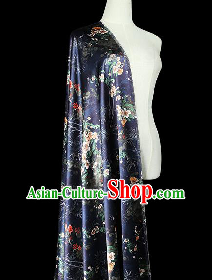 China Classical Cheongsam Printing Pear Blossom Silk Fabric Traditional Qipao Dress Navy Brocade Drapery
