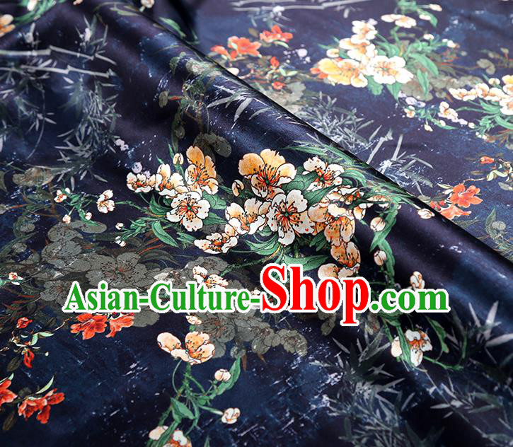 China Classical Cheongsam Printing Pear Blossom Silk Fabric Traditional Qipao Dress Navy Brocade Drapery