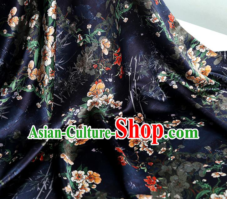 China Classical Cheongsam Printing Pear Blossom Silk Fabric Traditional Qipao Dress Navy Brocade Drapery