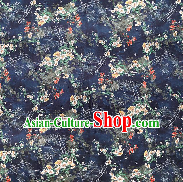 China Classical Cheongsam Printing Pear Blossom Silk Fabric Traditional Qipao Dress Navy Brocade Drapery