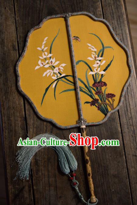 China Handmade Orchids Pattern Palace Fan Ancient Song Dynasty Court Fan Traditional Yellow Silk Fan