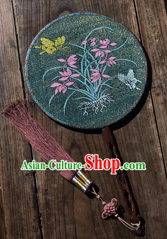 China Traditional Green Silk Fan Ancient Song Dynasty Court Circular Fan Handmade Orchids Pattern Palace Fan