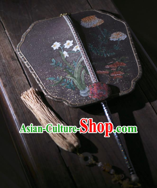 China Traditional Deep Grey Silk Fan Handmade Daffodil Pattern Palace Fan Ancient Song Dynasty Court Fan
