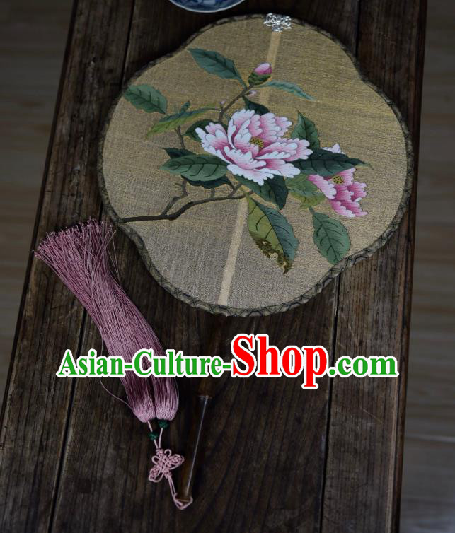 China Handmade Camellia Pattern Palace Fan Ancient Song Dynasty Princess Court Fan Traditional Light Yellow Silk Fan