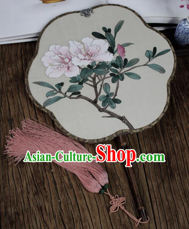 China Traditional Silk Begonia Fan Handmade Azalea Pattern Palace Fan Ancient Princess Court Fan